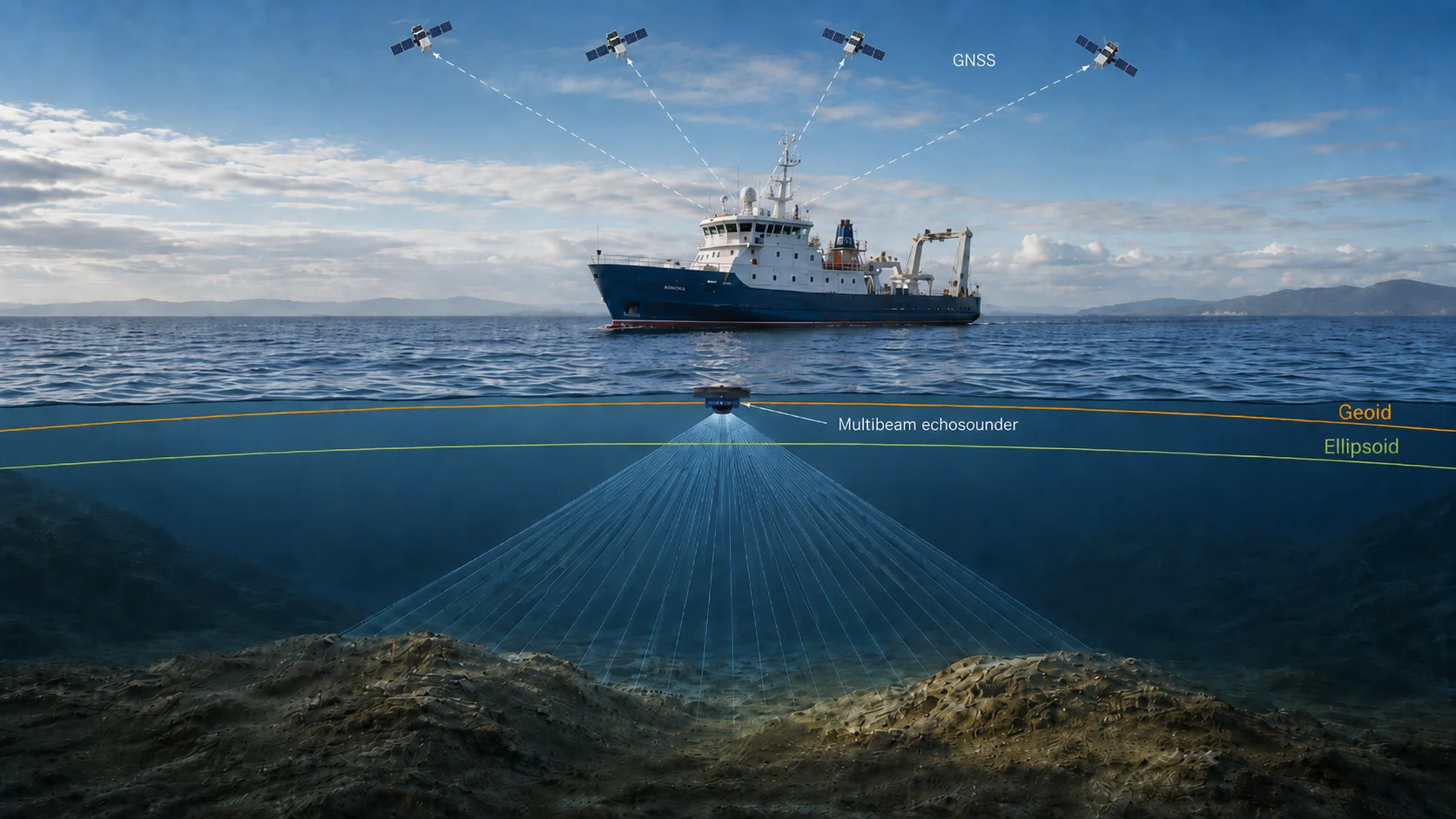 Marine survey vessel using four GNSS satellites and multibeam echosounding above geoid and ellipsoid reference surfaces
