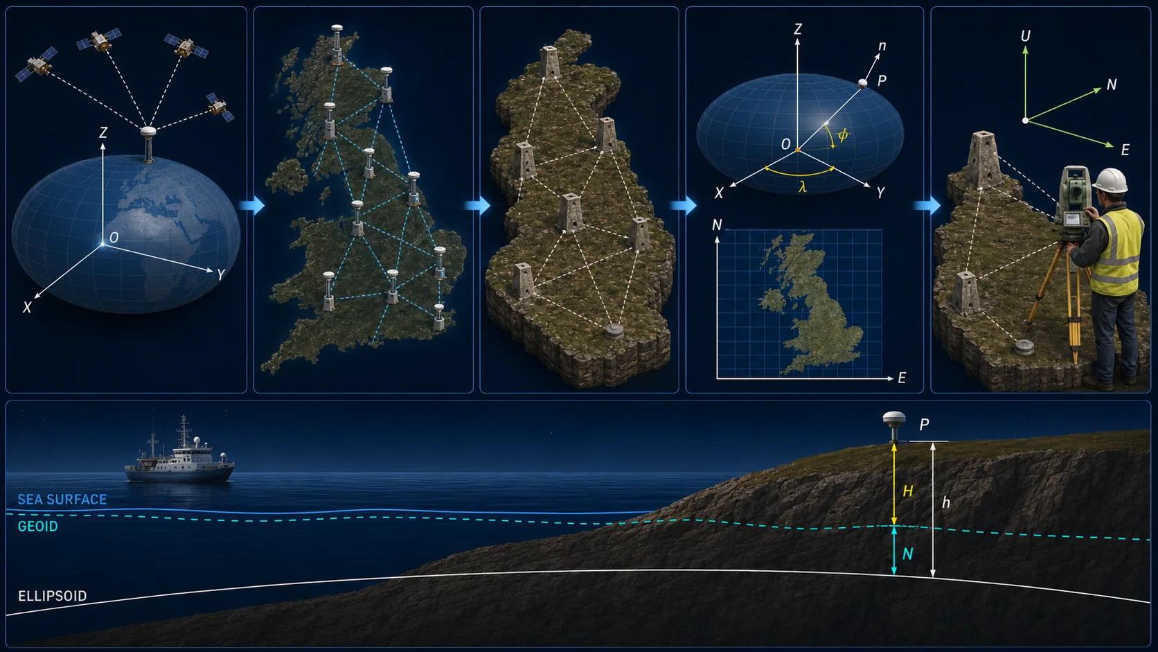 Visual sequence from ITRF coordinates to national coordinates and a projected map